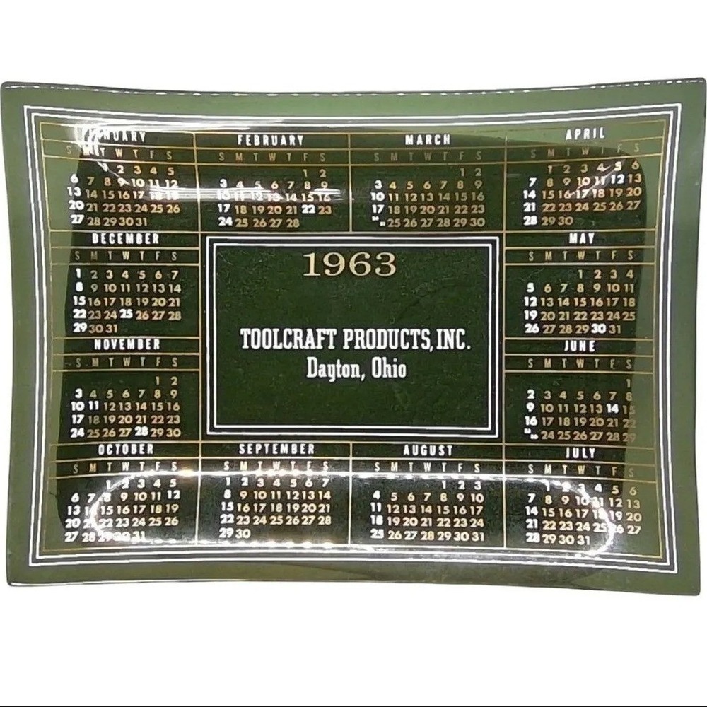 Vintage 1963 TOOLCRAFT PRODUCTS Green Glass Calendar Trinket Dish Dayton Ohio
